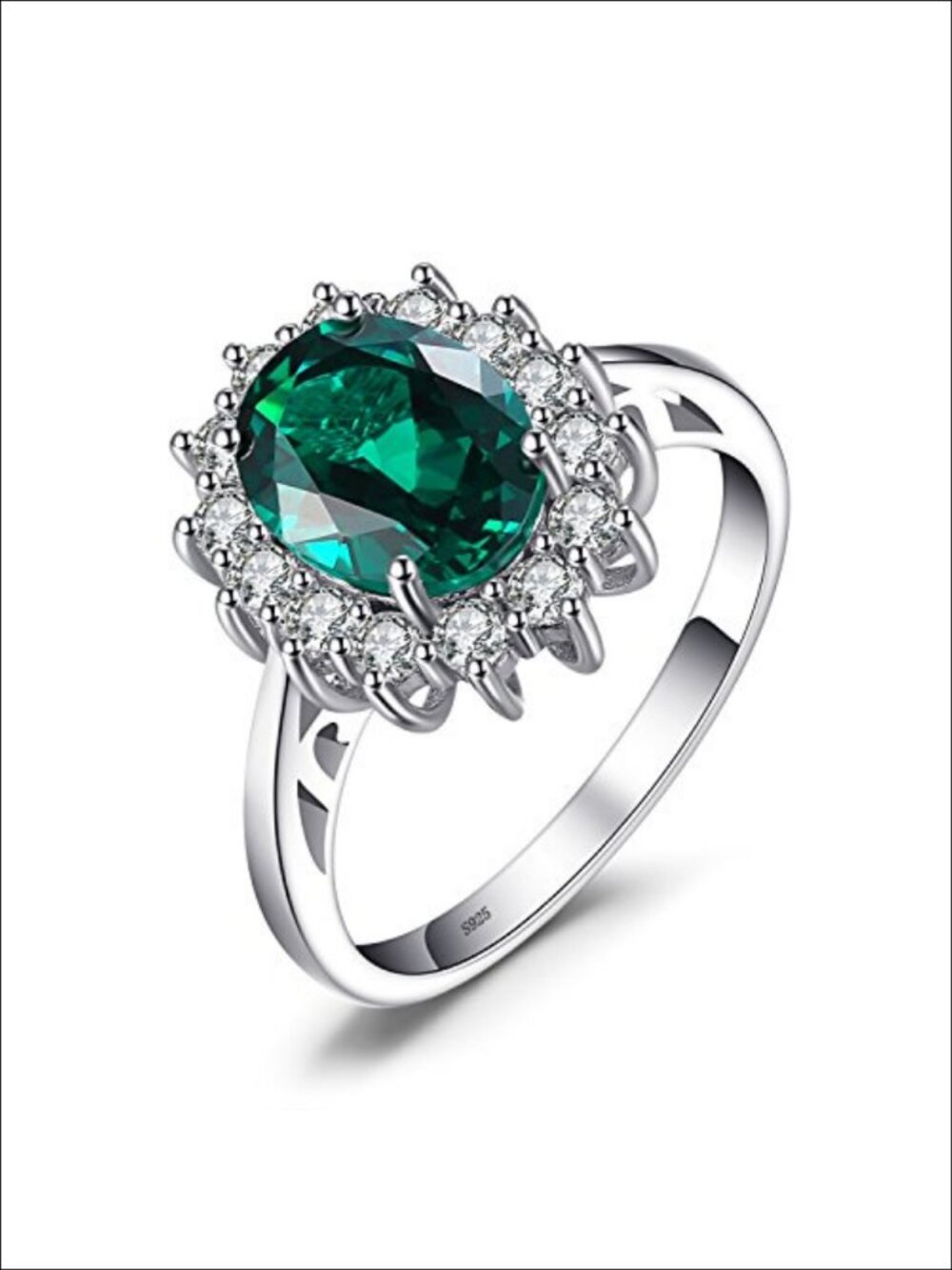 925 Sterling Silver Halo Engagement Ring Oval Simulated Emerald Size 6